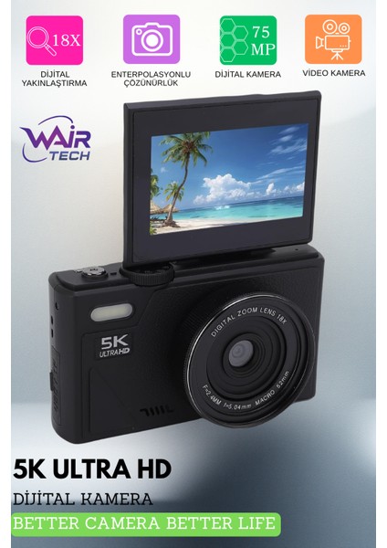 5k Ultra Hd Vlog Kamera – 75MP, Wifi, 18X Zoom, Türkçe Menü