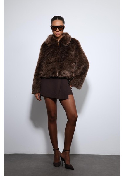 Kahve Peluş Görünümlü Mont