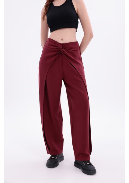 Kadın Bordo Belde Düğüm Detaylı Yüksek Bel Geniş Paça Pantolon fiyatları