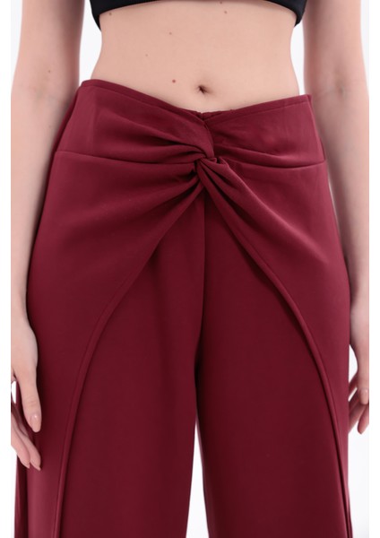 Kadın Bordo Belde Düğüm Detaylı Yüksek Bel Geniş Paça Pantolon