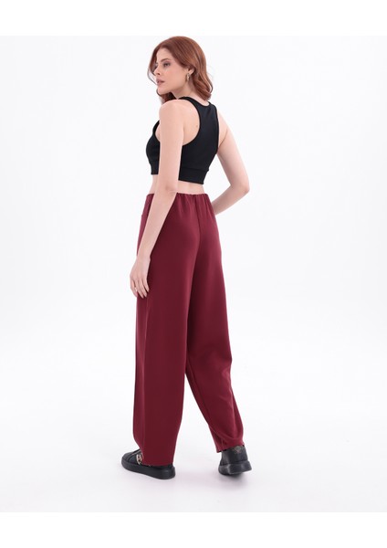 Kadın Bordo Belde Düğüm Detaylı Yüksek Bel Geniş Paça Pantolon modelleri