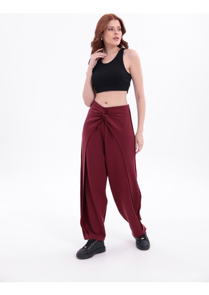 Kadın Bordo Belde Düğüm Detaylı Yüksek Bel Geniş Paça Pantolon fırsatları