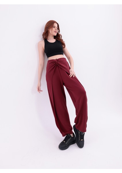 Kadın Bordo Belde Düğüm Detaylı Yüksek Bel Geniş Paça Pantolon indirimleri