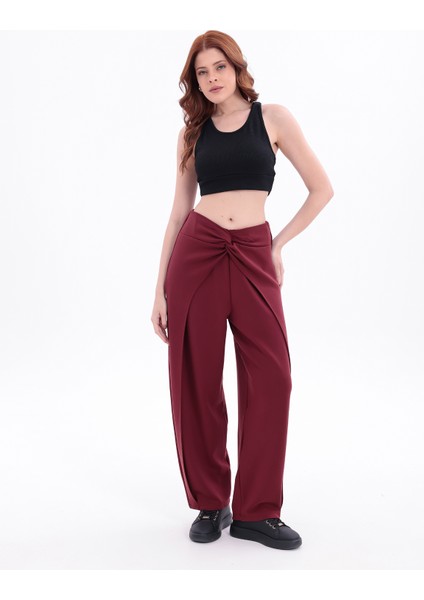 Kadın Bordo Belde Düğüm Detaylı Yüksek Bel Geniş Paça Pantolon