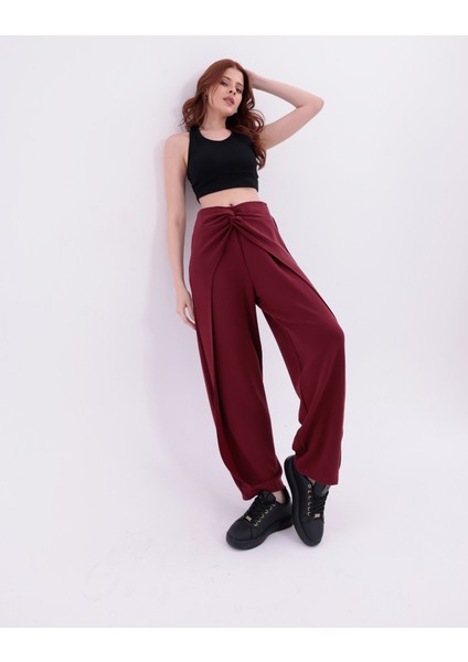 Kadın Bordo Belde Düğüm Detaylı Yüksek Bel Geniş Paça Pantolon