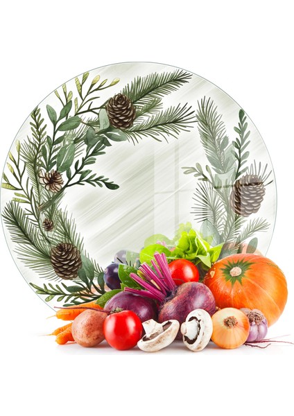 Cam Kesme Tahtası ve Sunumluk Yuvarlak Noel Yılbaşı Çelenk Desenli 30 x 30 cm