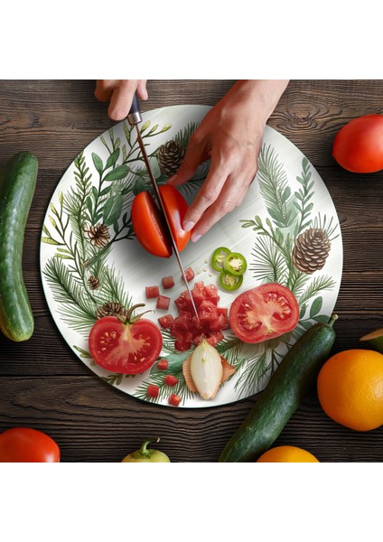 Cam Kesme Tahtası ve Sunumluk Yuvarlak Noel Yılbaşı Çelenk Desenli 30 x 30 cm modelleri