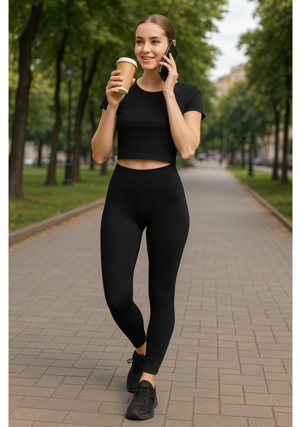 Kadın Siyah Yüksek Bel Toparlayıcı Tayt Yüksek Kalite Spor ve Günlük Kullanı - UD001X-50RJR