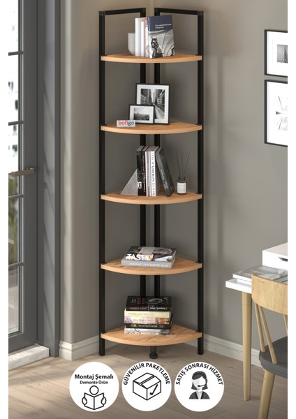 5 Raflı Metal Köşe Kitaplık Rafı Dekoratif Aksesuar Rafı Noyan Çam