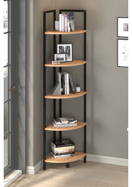 5 Raflı Metal Köşe Kitaplık Rafı Dekoratif Aksesuar Rafı Noyan Çam modelleri