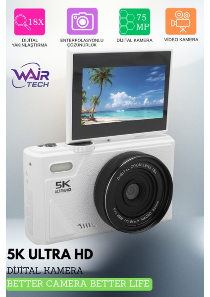 5k Ultra Hd Vlog Kamera – 75MP, Wifi, 18X Zoom, Türkçe Menü