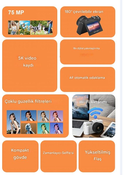 5k Ultra Hd Vlog Kamera – 75MP, Wifi, 18X Zoom, Türkçe Menü