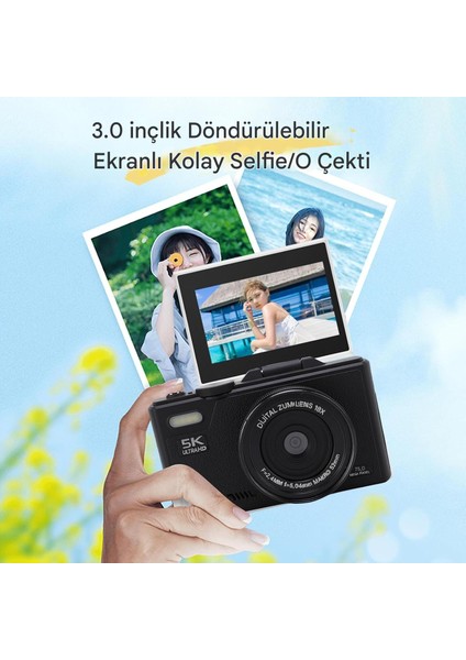5k Ultra Hd Vlog Kamera – 75MP, Wifi, 18X Zoom, Türkçe Menü