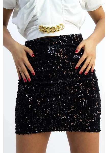 Pullu Payetli Mini Etek Parti Düğün Gece Mini Etek