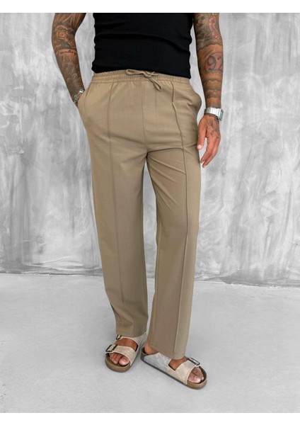 Erkek Beli Lastikli Baggy Pantolon Açık Kahve