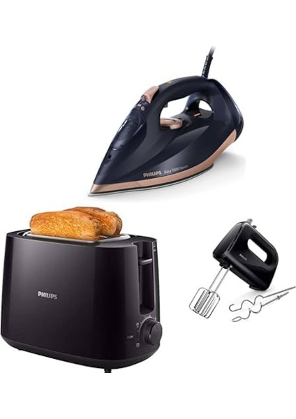 Azur DST7510/80 Buharlı Ütü 7500 Serisi (3200W) + Philips HD2581/90 Ekmek Kızartma Makinesi (Siyah) + Philips HR3705/10 300 W Mikser (Siyah, 5 Hız Ayarı)