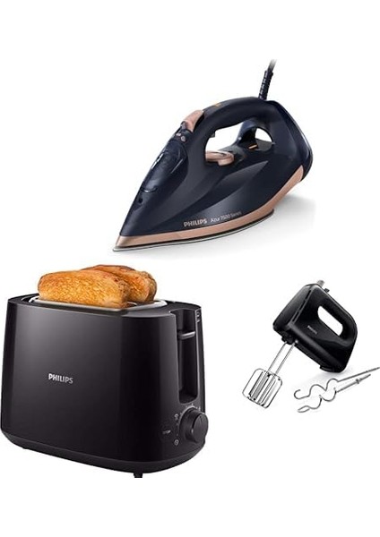 Azur DST7510/80 Buharlı Ütü 7500 Serisi (3200W) + Philips HD2581/90 Ekmek Kızartma Makinesi (Siyah) + Philips HR3705/10 300 W Mikser (Siyah, 5 Hız Ayarı) fiyatları