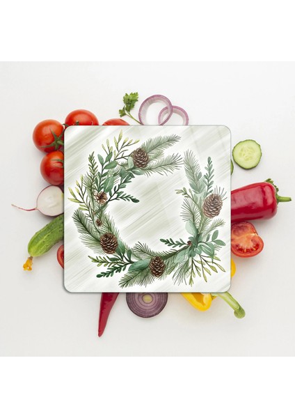 Cam Kesme Tahtası ve Sunumluk Kare Noel Yılbaşı Çelenk Desenli 30 x 30 cm fiyatları