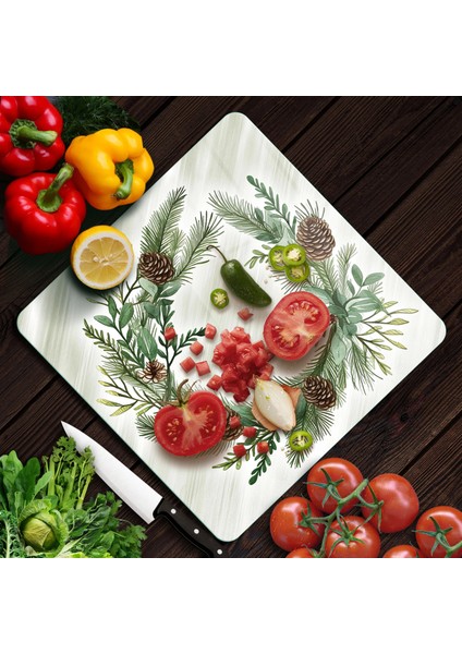 Cam Kesme Tahtası ve Sunumluk Kare Noel Yılbaşı Çelenk Desenli 30 x 30 cm modelleri