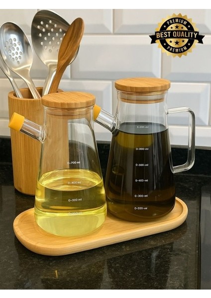 3'lü Bambu Kapaklı Vakumlu Borosilikat Set Cam Yağlık Sirkelik Bambu Altlık