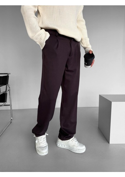 Erkek Baggy Fit Beli Lastikli Rahat Pantolon Mürdüm modelleri