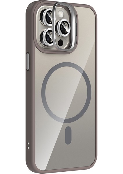 iPhone 15 Pro Max Kılıf Standlı ve Kamera Lens Hediyeli M-Safe Şarj Özellikli Snel Etro Kapak - Pemb