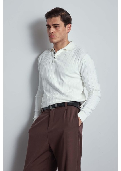 Erkek Slim Fit Premium Kumaş Polo Yaka Düğmeli Kazak Ekru