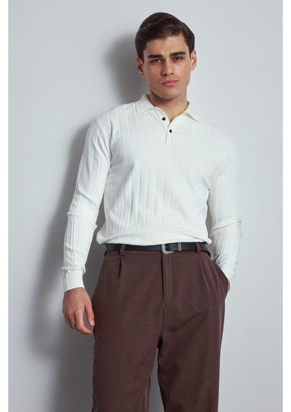Erkek Slim Fit Premium Kumaş Polo Yaka Düğmeli Kazak Ekru fiyatları