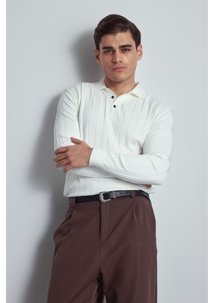 Erkek Slim Fit Premium Kumaş Polo Yaka Düğmeli Kazak Ekru modelleri