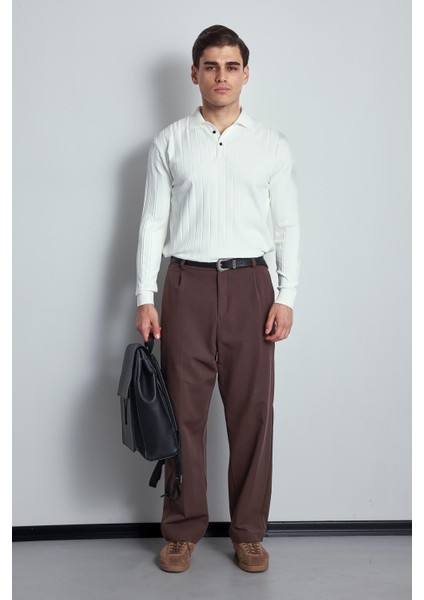 Erkek Slim Fit Premium Kumaş Polo Yaka Düğmeli Kazak Ekru fırsatları