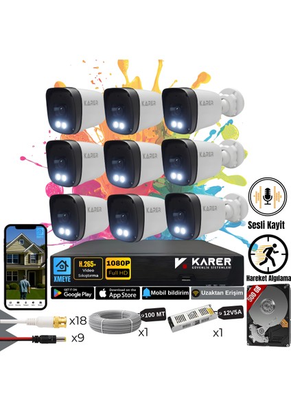Exitcam-9'li Ahd Güvenlik Kamera Seti-Gece Renkli- Su Geçirmez-2 Mp Full Hd