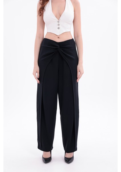 Kadın Siyah Belde Düğüm Detaylı Yüksek Bel Geniş Paça Pantolon
