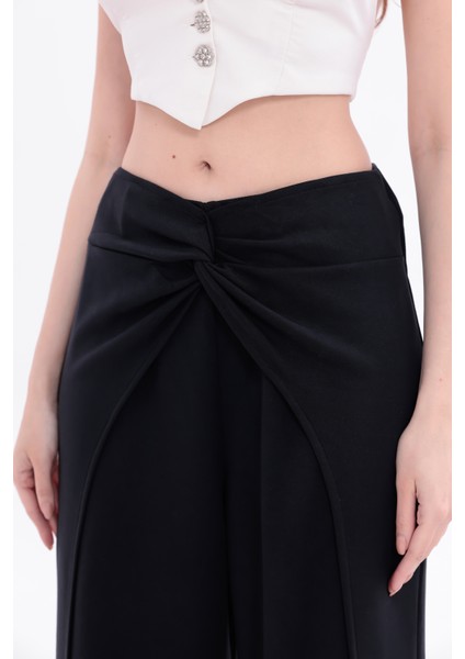Kadın Siyah Belde Düğüm Detaylı Yüksek Bel Geniş Paça Pantolon fiyatları