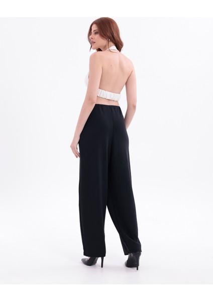 Kadın Siyah Belde Düğüm Detaylı Yüksek Bel Geniş Paça Pantolon modelleri