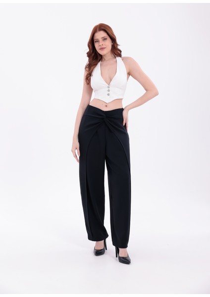 Kadın Siyah Belde Düğüm Detaylı Yüksek Bel Geniş Paça Pantolon