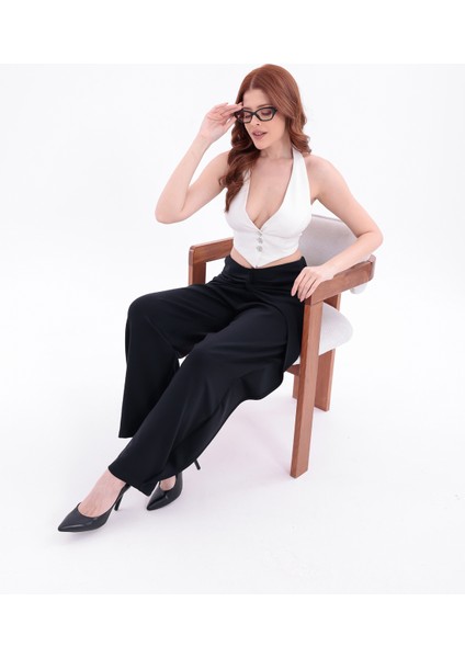Kadın Siyah Belde Düğüm Detaylı Yüksek Bel Geniş Paça Pantolon