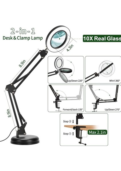 Işık ve Stand ile Büyüteç 10X Büyüteç Lambası Kelepçeli 2&#39 Si 1 Arada Masa Lambası 3 Renk Modu (Yurt Dışından) modelleri