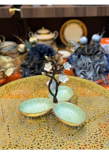 3 Bölmeli Pirinç Çerezlik Seti Sunumluk Kahvaltılık Baharatlık Çiçek Dal Detaylı