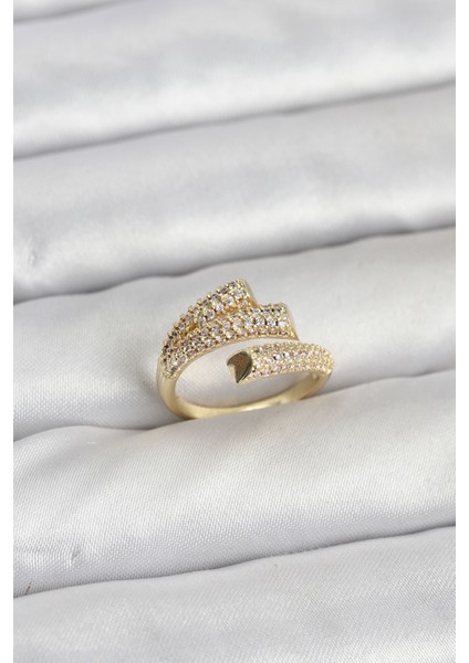 Gold Renk Zirkon Taşlı Pirinç Kadın Yüzük