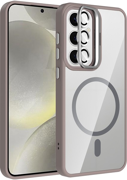 Galaxy S24 Kılıf Standlı ve Kamera Lens Hediyeli M-Safe Şarj Özellikli Snel Etro Kapak - Gri