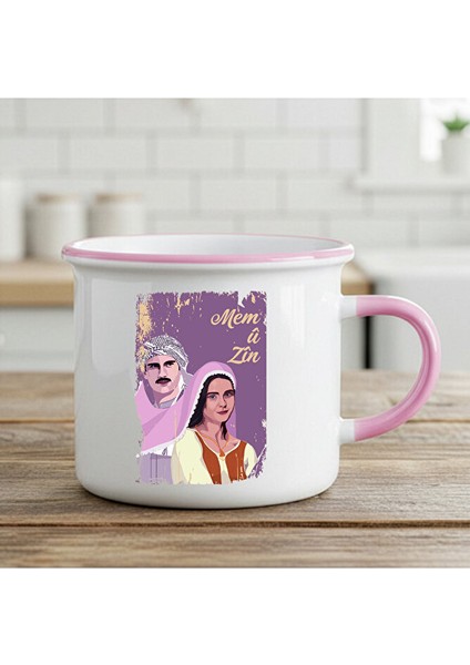 Mem Û Zin Tasarımlı Enamel Pembe Kupa Bardak - Sevgililere Özel Mem U Zin Enamel Kupası
