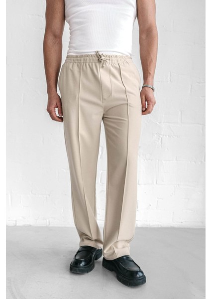Erkek Beli Lastikli Baggy Pantolon Krem