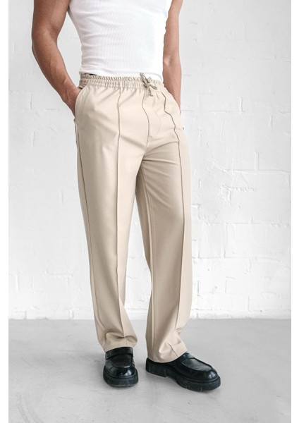 Erkek Beli Lastikli Baggy Pantolon Krem modelleri