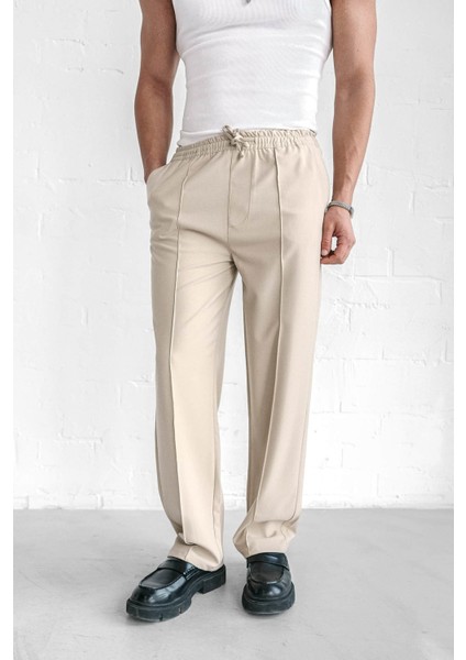 Erkek Beli Lastikli Baggy Pantolon Krem fırsatları