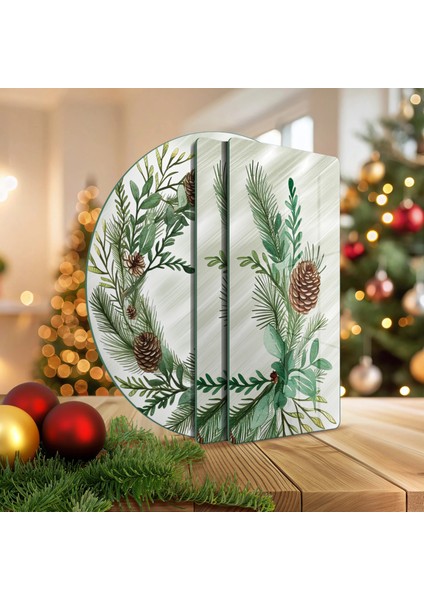 Cam Sunum Servis Tabağı 3'lü Yuvarlak Set Noel Yılbaşı Çelenk Desenli