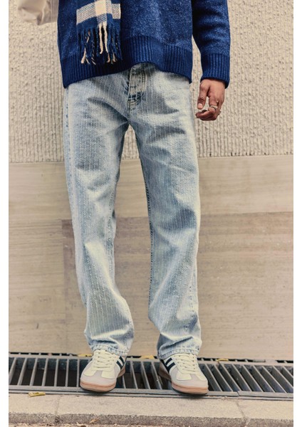 Erkek Desenli Kemer Detaylı Baggy Fit Jean Mavi