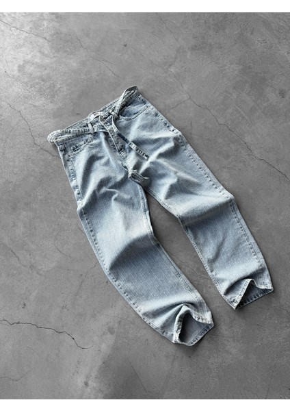 Erkek Desenli Kemer Detaylı Baggy Fit Jean Mavi fiyatları