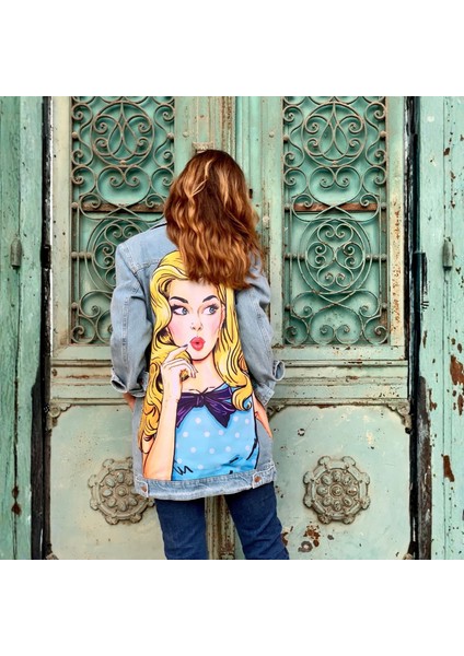 Pop-Art Desenli Kot Ceket Oversize Kot Mont