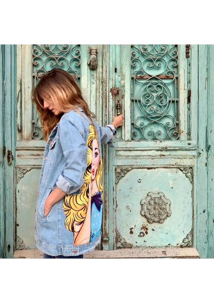 Pop-Art Desenli Kot Ceket Oversize Kot Mont fiyatları