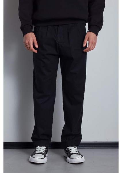 Erkek Beli Lastikli Desenli Baggy Pantolon Siyah